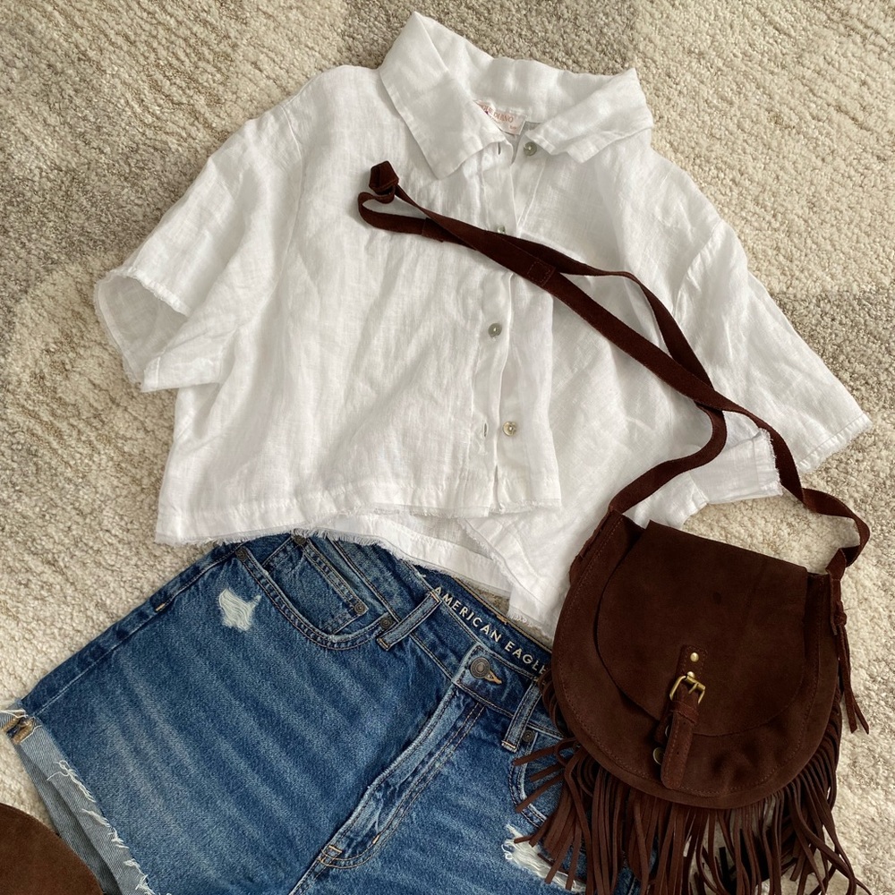 White Linen Cropped Button-Up Shirt made in Italy (S)